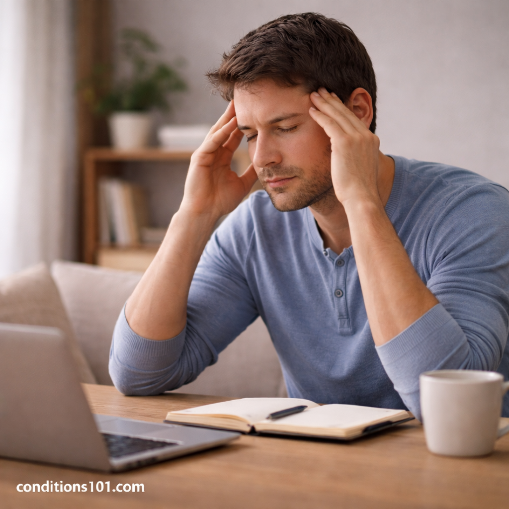 Man sitting at a desk with hands on temples and eyes closed, representing everyday cognitive fatigue and mental overload.