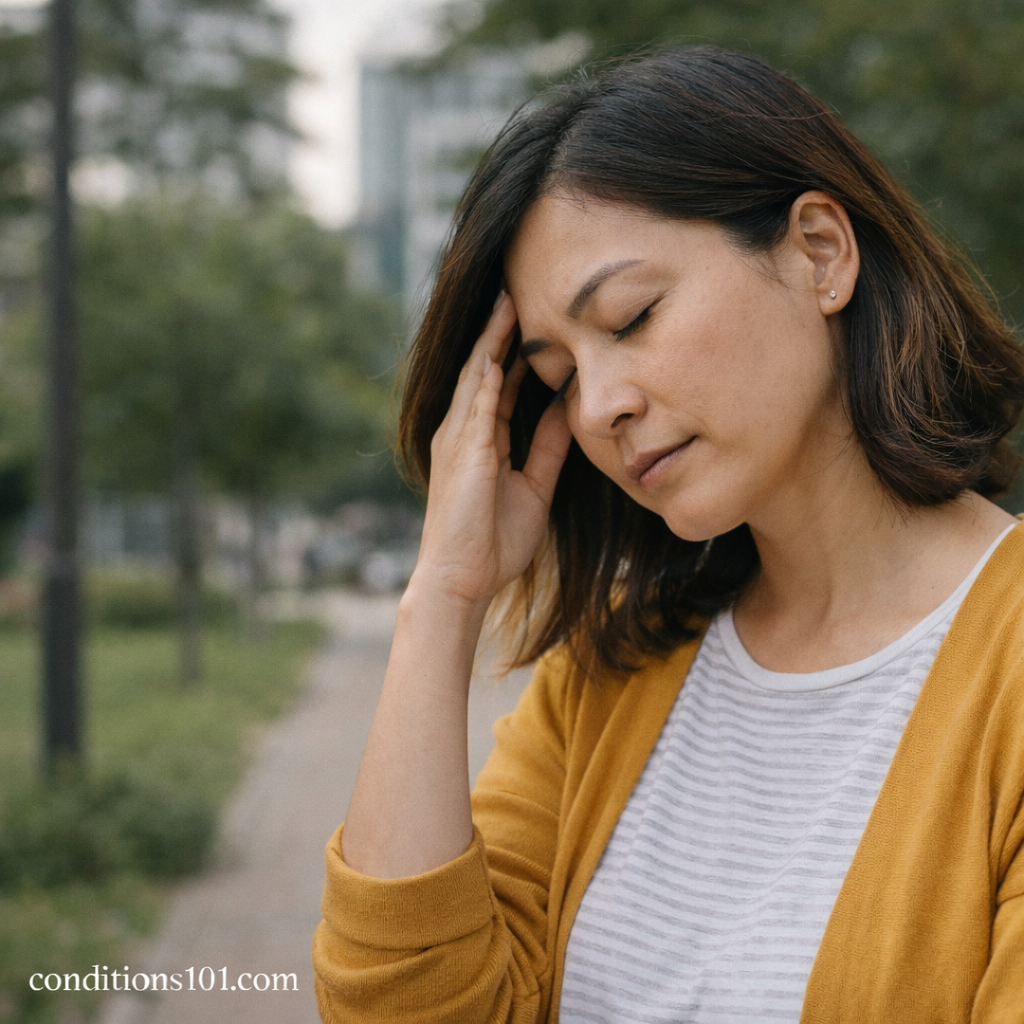 Adult person pausing outdoors in a calm public space, showing quiet reflection related to cognitive overload in daily life.
