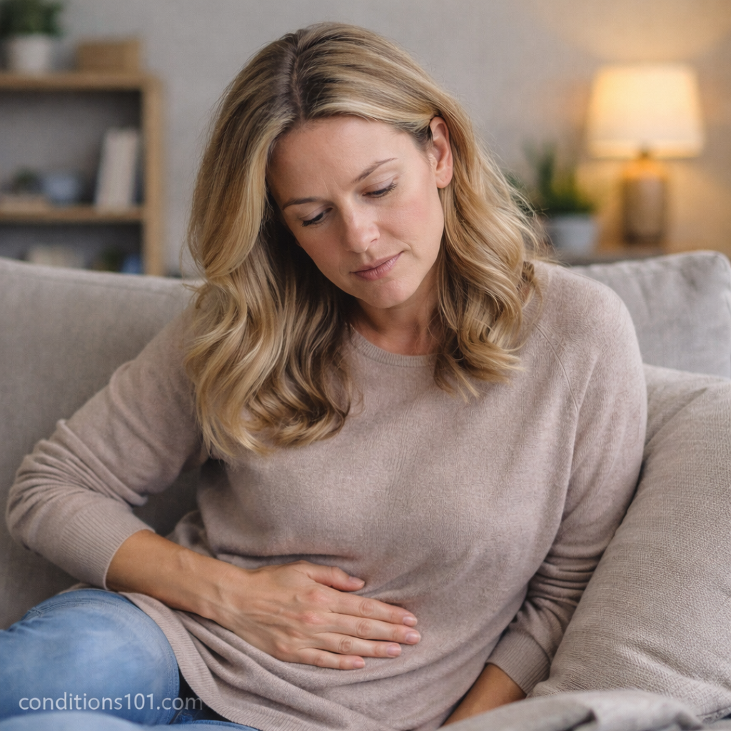 Adult woman sitting on a couch in a calm living room with a thoughtful expression, representing general digestive health education.