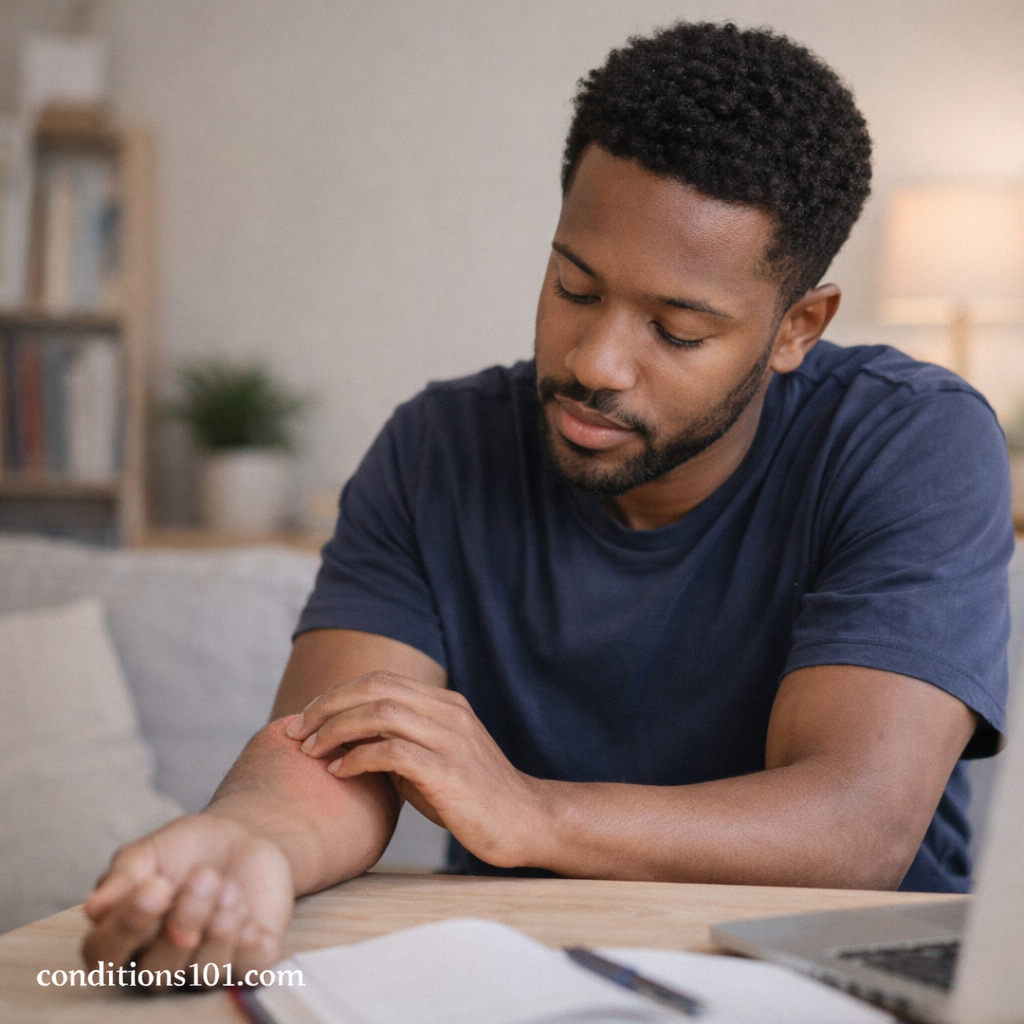 Adult man at home noticing mild skin irritation on his forearm during a quiet, everyday moment, representing contact dermatitis.