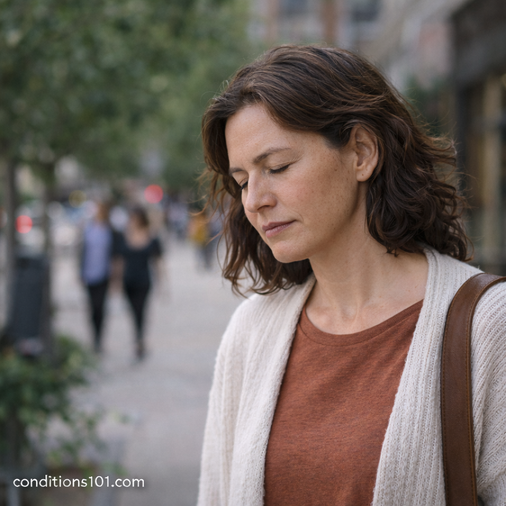 Adult woman walking outdoors with a calm, reflective expression, representing everyday situations related to cortisol and stress response.