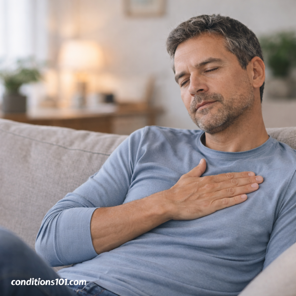 Adult man resting on a couch with his hand placed on his chest in a calm home setting, representing everyday experiences related to costochondritis.