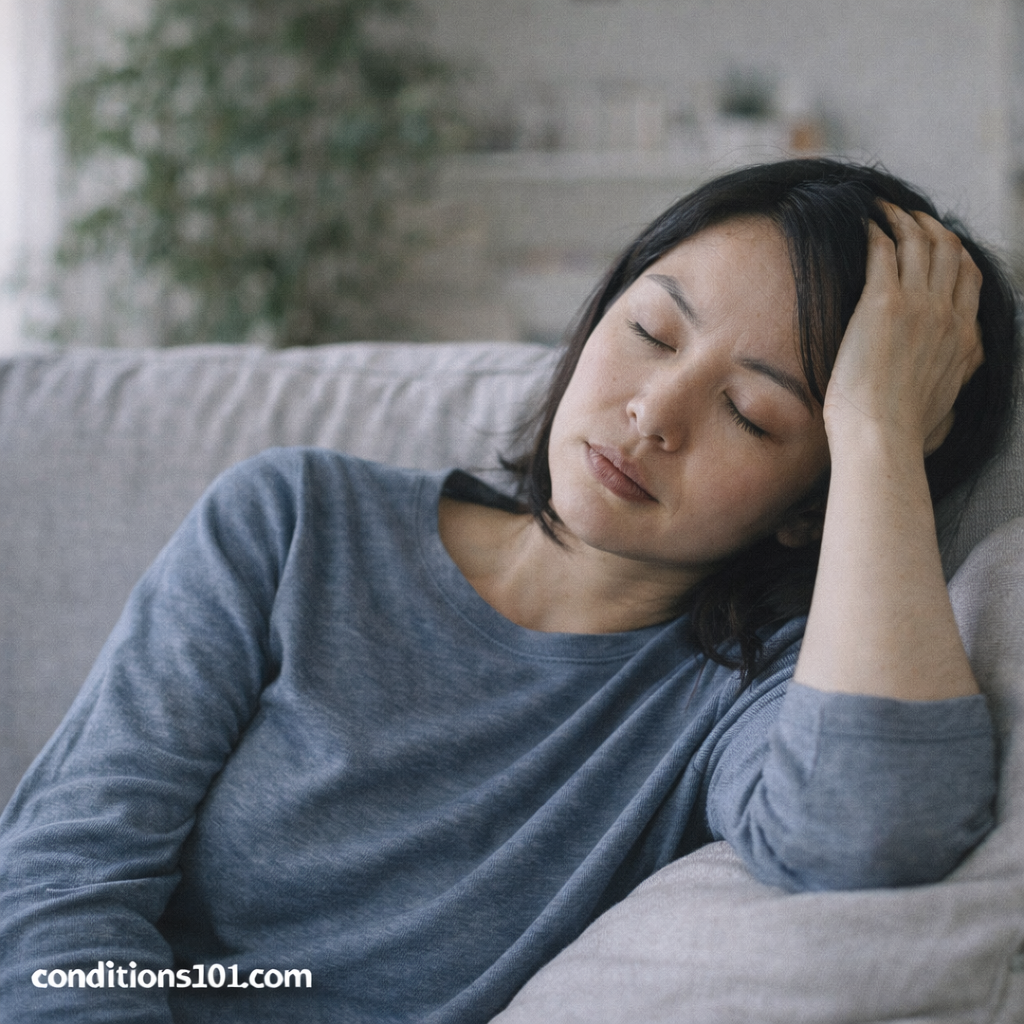 Asian woman resting on a couch with eyes closed in a calm living room, representing everyday life between episodes of cyclic vomiting syndrome.