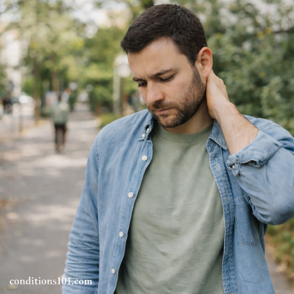 Adult man outdoors in a calm everyday setting, appearing thoughtful while experiencing scalp flaking.