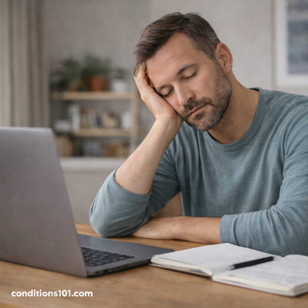 Man resting his head at a desk in a home office, showing mild daytime sleepiness during everyday work activities.