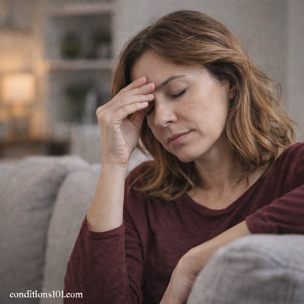 An adult woman sitting on a couch at home with her hand resting on her forehead, appearing mentally tired in a calm, everyday setting representing decision fatigue.