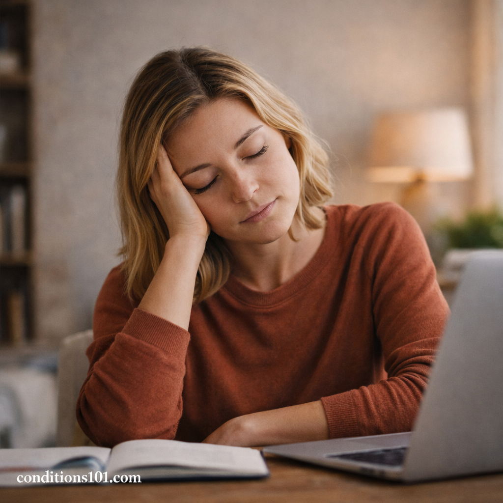 Adult woman pausing at a desk in a calm home setting, illustrating everyday experiences related to depersonalization.