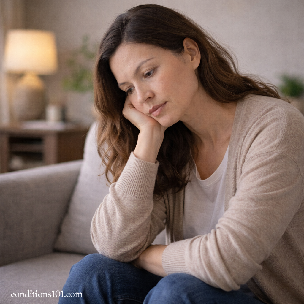 An adult woman sitting on a couch at home with her chin resting on her hand, appearing quietly reflective in a calm, everyday setting.