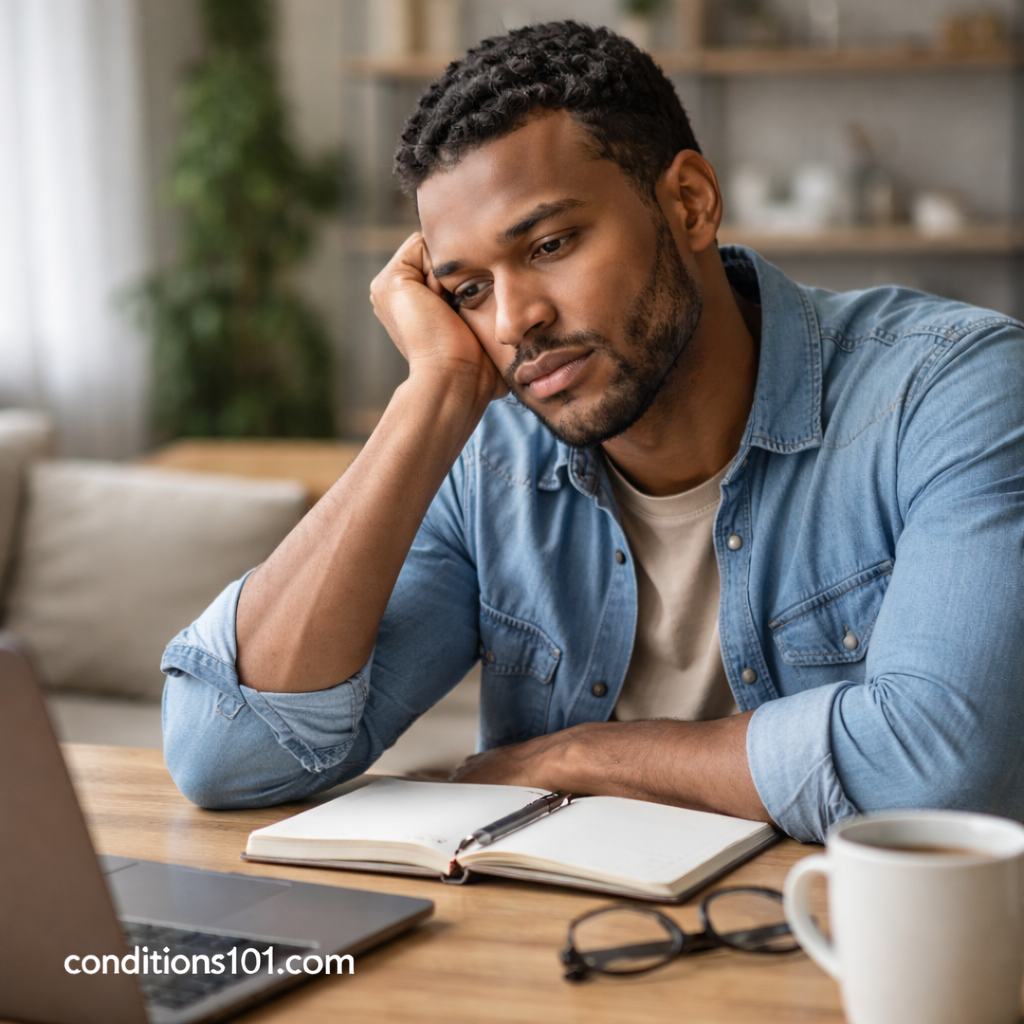 Adult man sitting at a desk resting his head in his hand during a quiet moment of reflection for an educational article about depression.