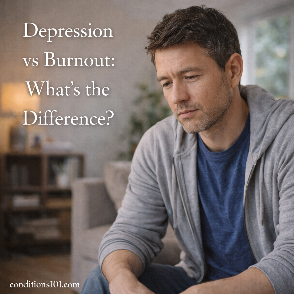An adult man sitting on a couch at home with a thoughtful expression, representing emotional fatigue and reflection related to depression and burnout.