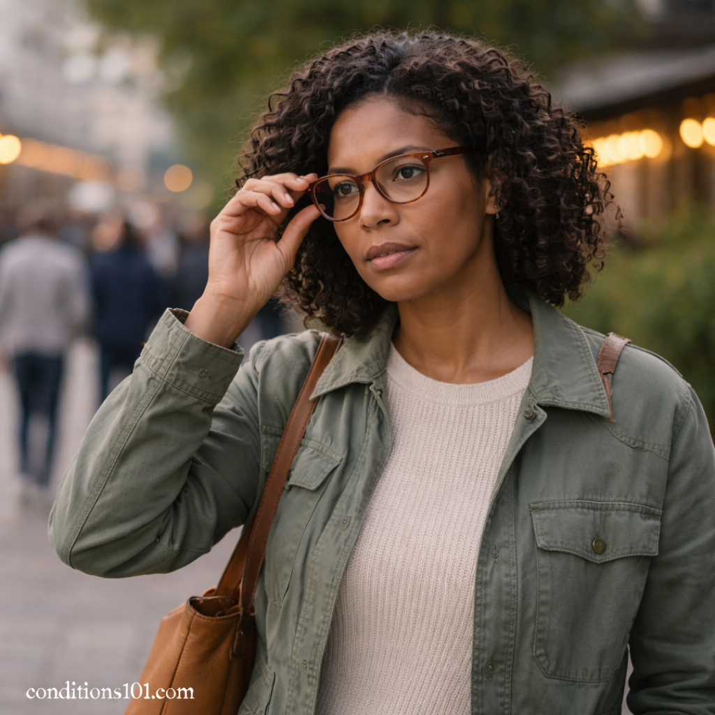 An adult woman standing outdoors in a busy public space, adjusting her glasses with a focused expression, representing depth perception and spatial awareness in everyday life.