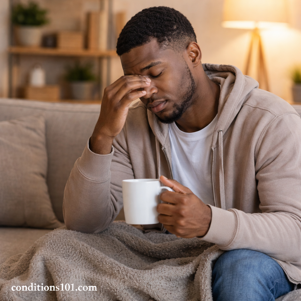Adult man sitting on a couch in a calm living room, appearing tired while holding a mug during the evening.