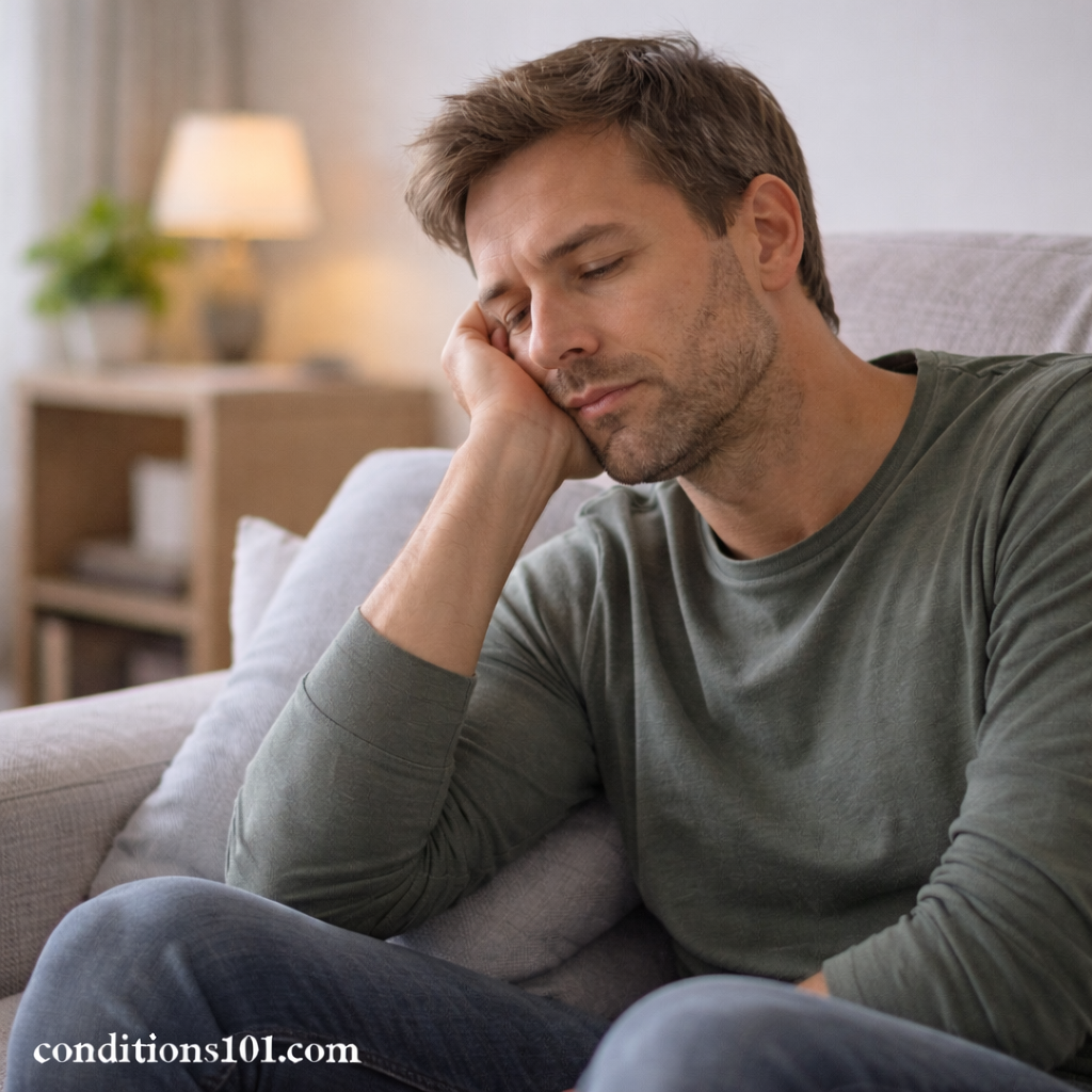 Man in his early forties sitting on a couch during the day, resting his head on his hand and appearing tired and reflective.