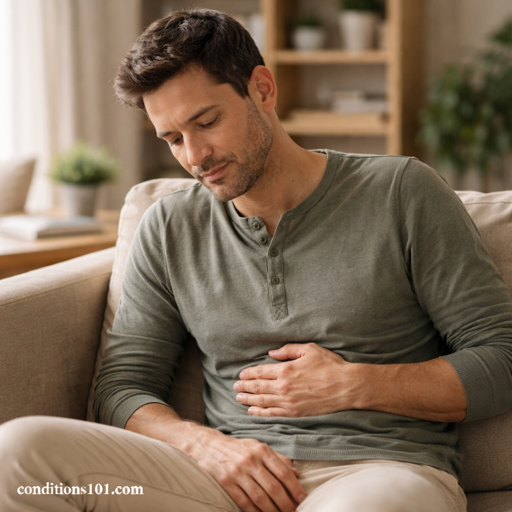 Adult man sitting on a couch with a calm expression, resting his hand on his abdomen in an everyday home setting for an educational article about digestive discomfort.