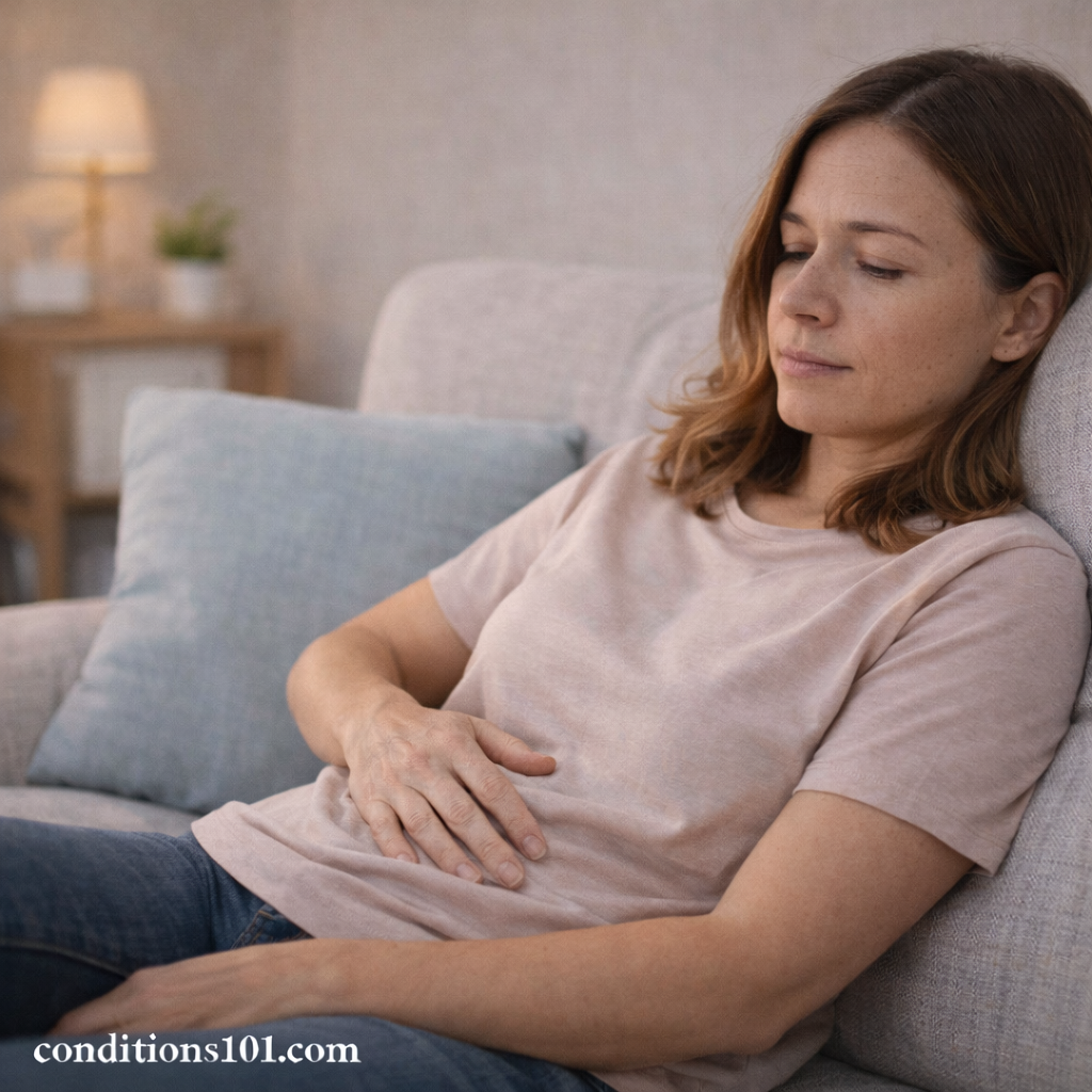 Adult woman reclining on a couch at home with one hand resting on her abdomen, appearing mildly uncomfortable and reflective.