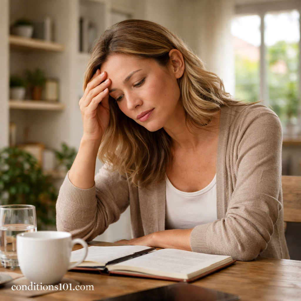 Adult woman sitting at a table in a calm home setting, appearing mildly tired and thoughtful, representing everyday experiences often associated with digestive fatigue.