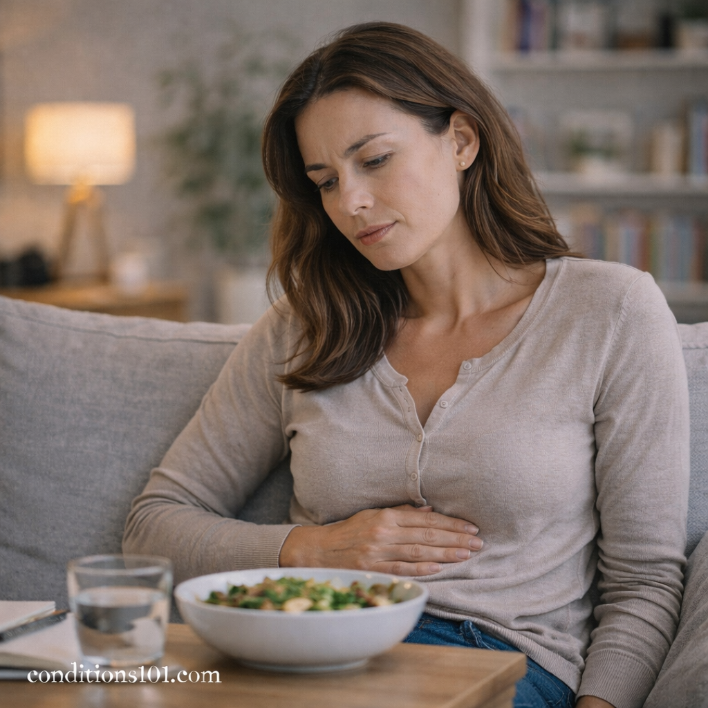 Adult woman sitting on a couch with a thoughtful expression after eating, representing everyday digestive reactions discussed in digestive sensitivity and food intolerance.