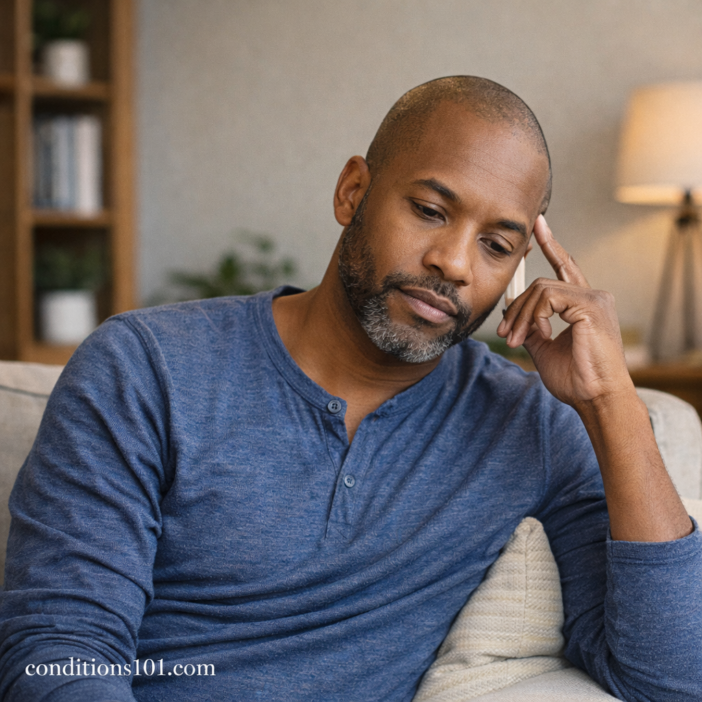 Adult man sitting on a couch in a calm home setting while reflecting on health terminology differences.