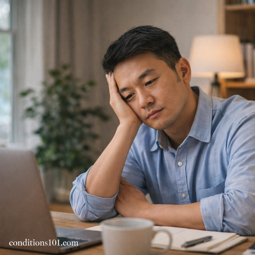 Adult man sitting at a desk in a home office with a thoughtful expression, illustrating dissociation in an everyday, non-clinical context.
