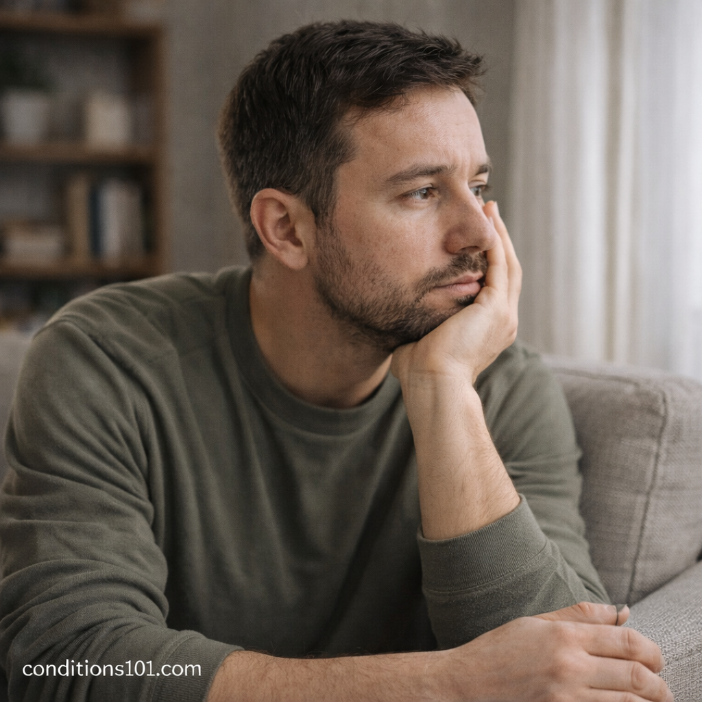 Adult man resting thoughtfully on a couch in a calm home setting, representing everyday experiences related to dry skin in an educational article.