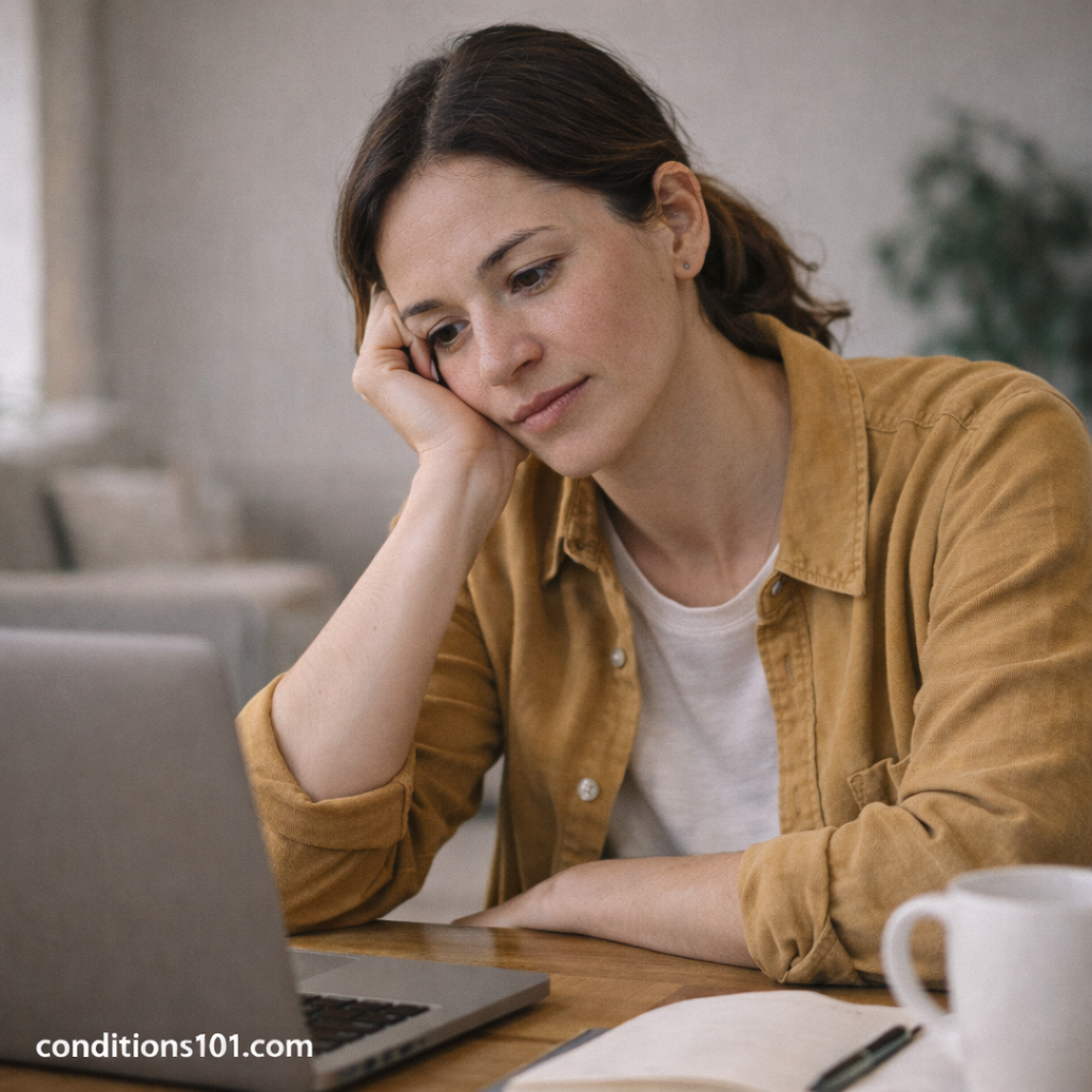Adult person working at a desk in a calm home environment, representing everyday experiences related to early satiety.