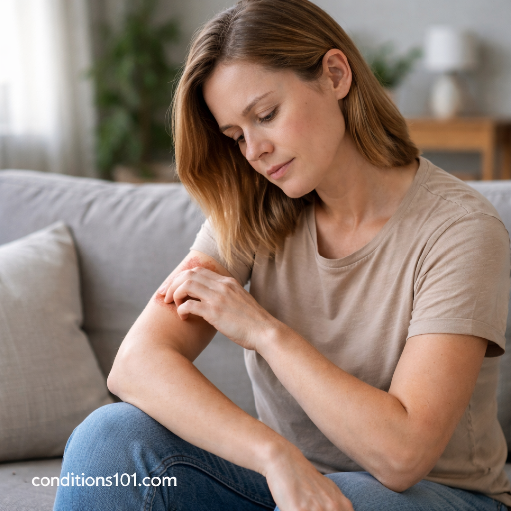Adult woman sitting on a couch examining irritated skin on her arm in a calm home setting for an educational article about eczema.