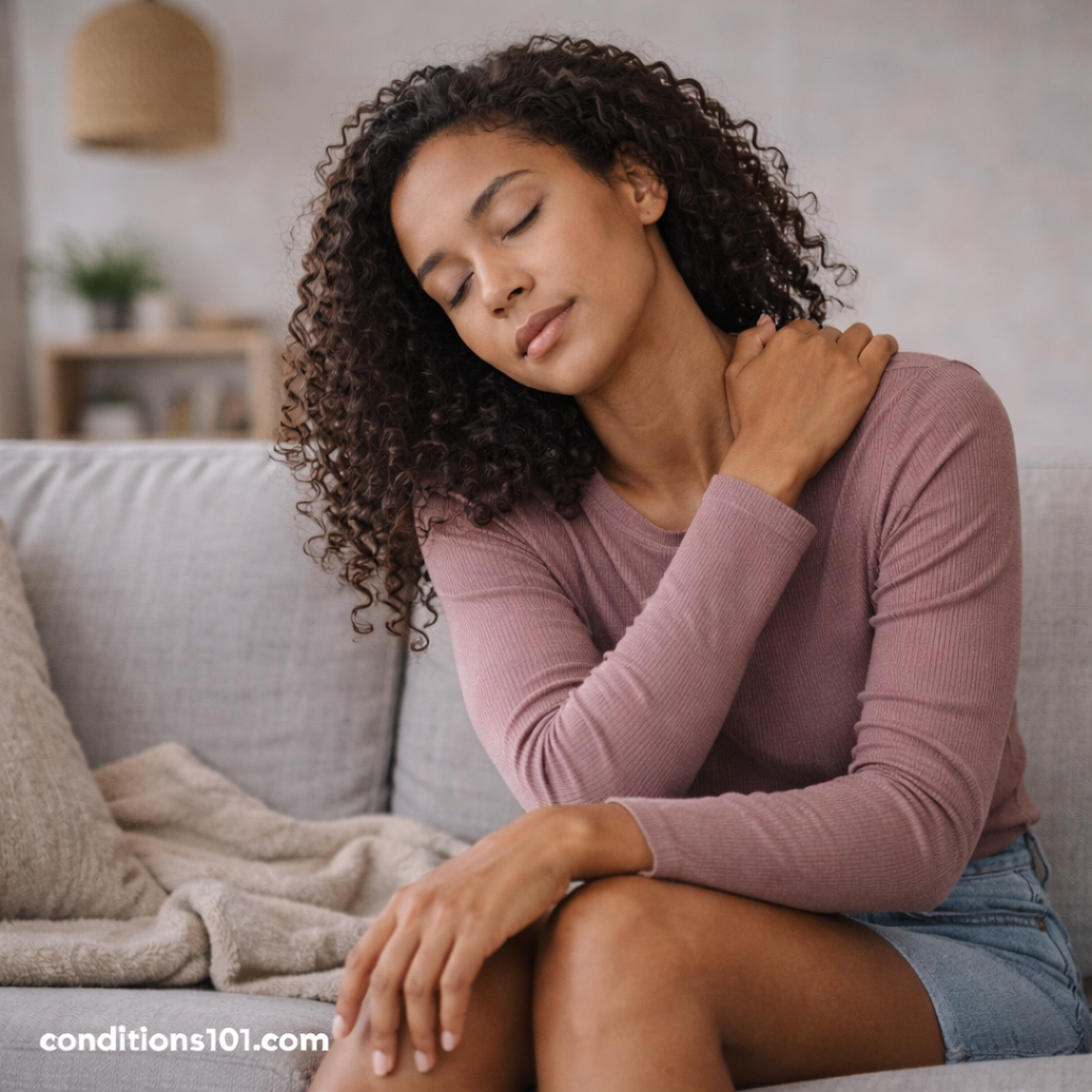 Young woman resting on a couch with a calm expression, representing everyday life with Ehlers-Danlos syndrome and connective tissue differences.