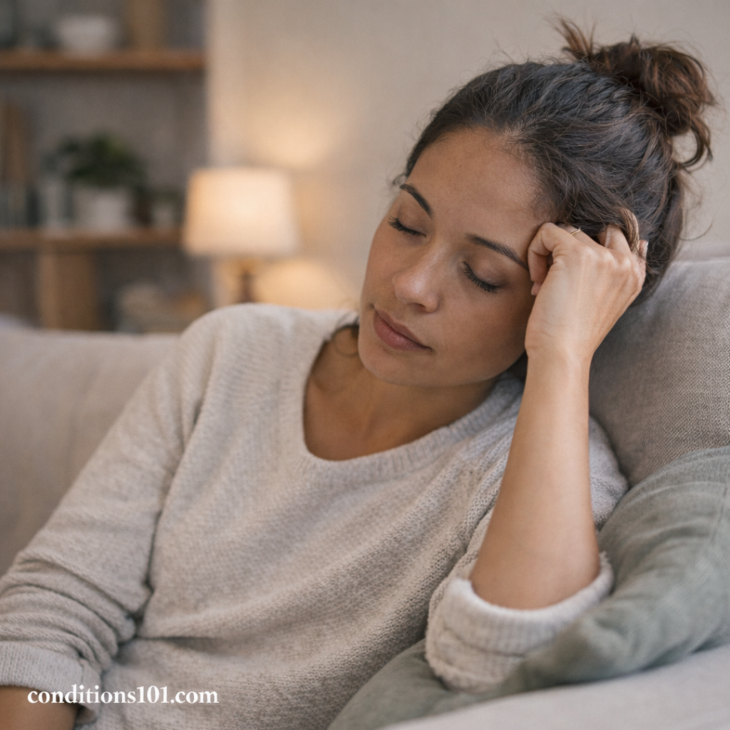 An adult woman resting on a couch in a quiet living room, showing subtle tiredness and reflection related to emotional burnout and stress.