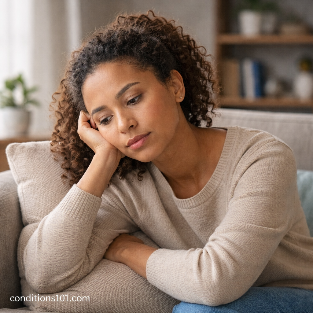 Adult woman resting thoughtfully on a couch in a calm home setting, representing everyday emotional reflection in an educational article about emotional dysregulation.