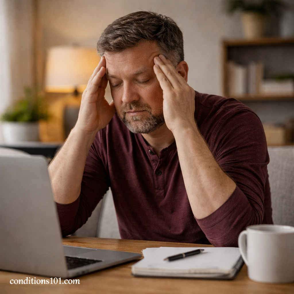 Adult man sitting at a home office desk with eyes closed, showing mild mental fatigue during a daily work routine.