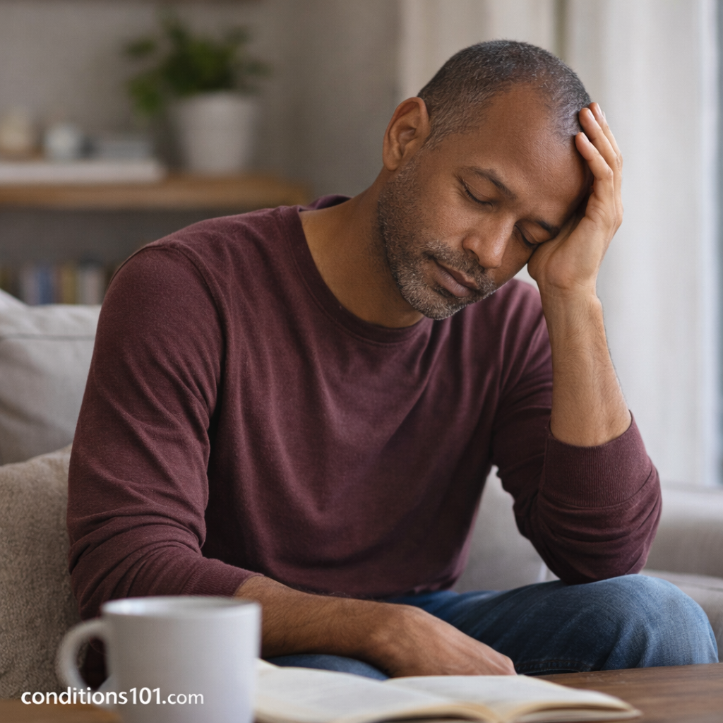 Adult man resting on a couch in a calm home setting, showing quiet reflection and emotional detachment during daily life.