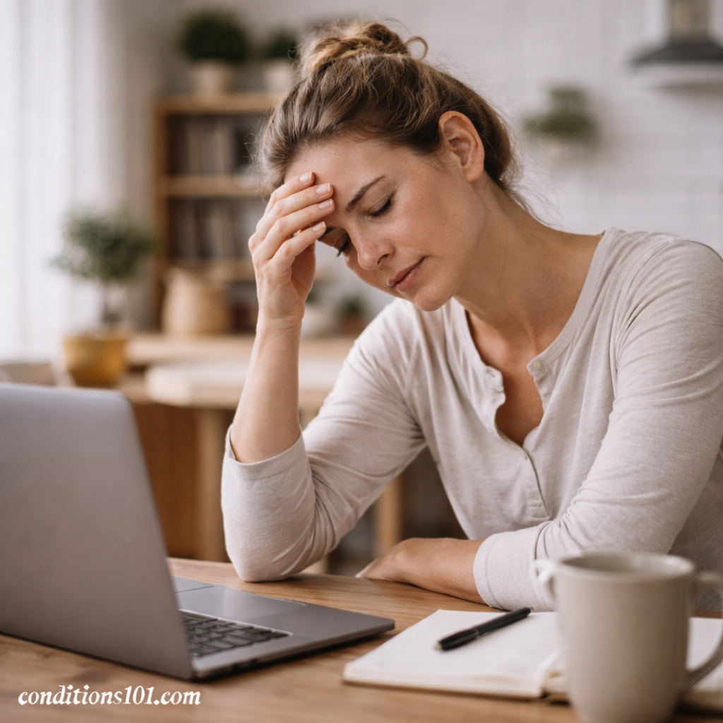 Adult woman sitting at a desk with her hand on her forehead in a calm home setting, representing emotional stress and mental fatigue in an educational context.