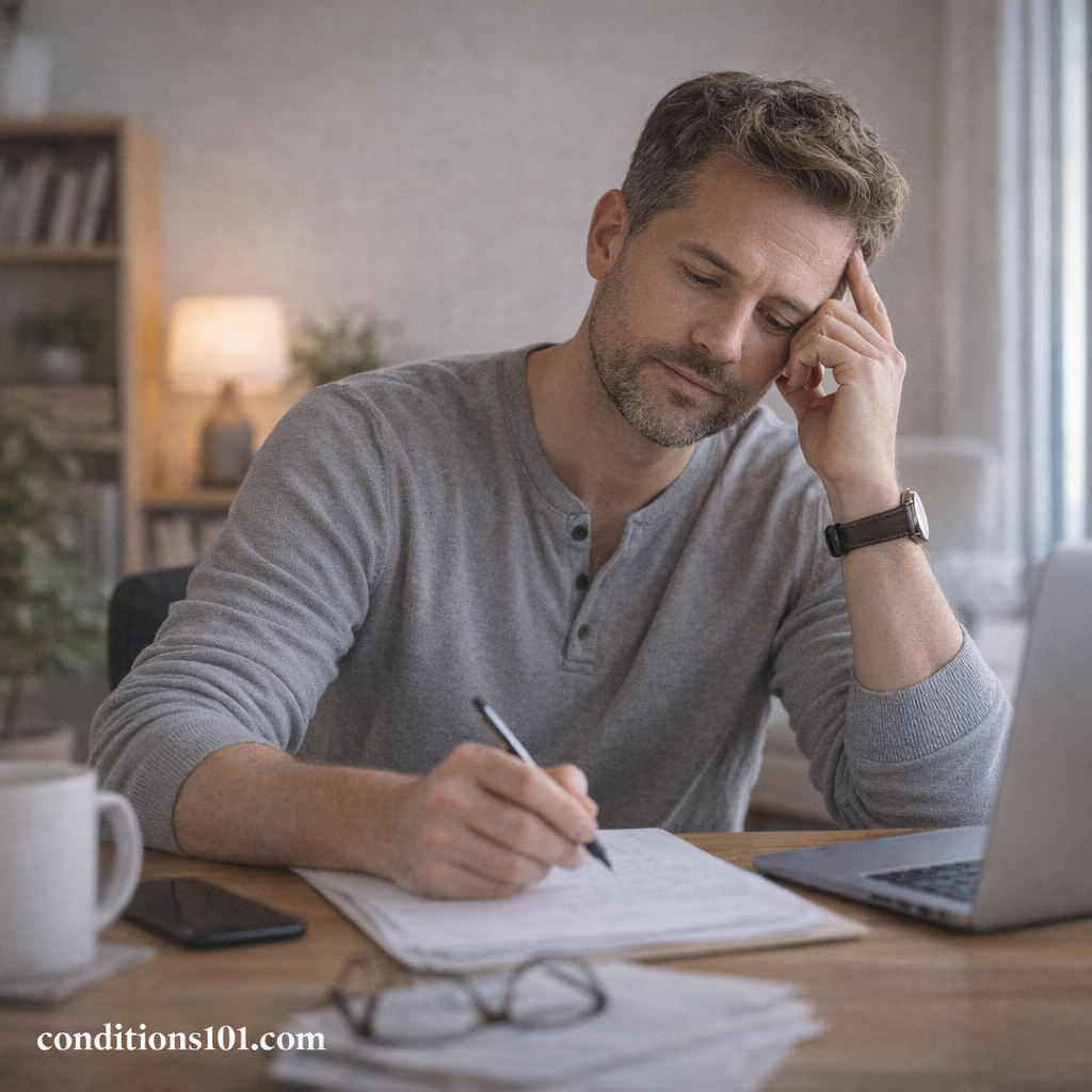 An adult man sitting at a home office desk with a thoughtful expression, representing everyday awareness of endocrine function and hormonal balance.