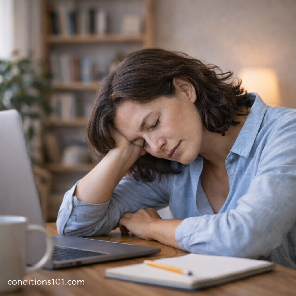 Adult woman resting her head on her arm at a desk in a home office, representing everyday mental and physical energy depletion.