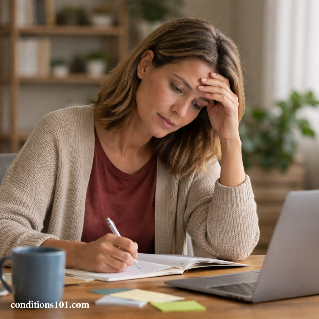 Adult woman working thoughtfully at a desk in a home office, representing everyday challenges with focus and organization in an educational article about executive dysfunction.