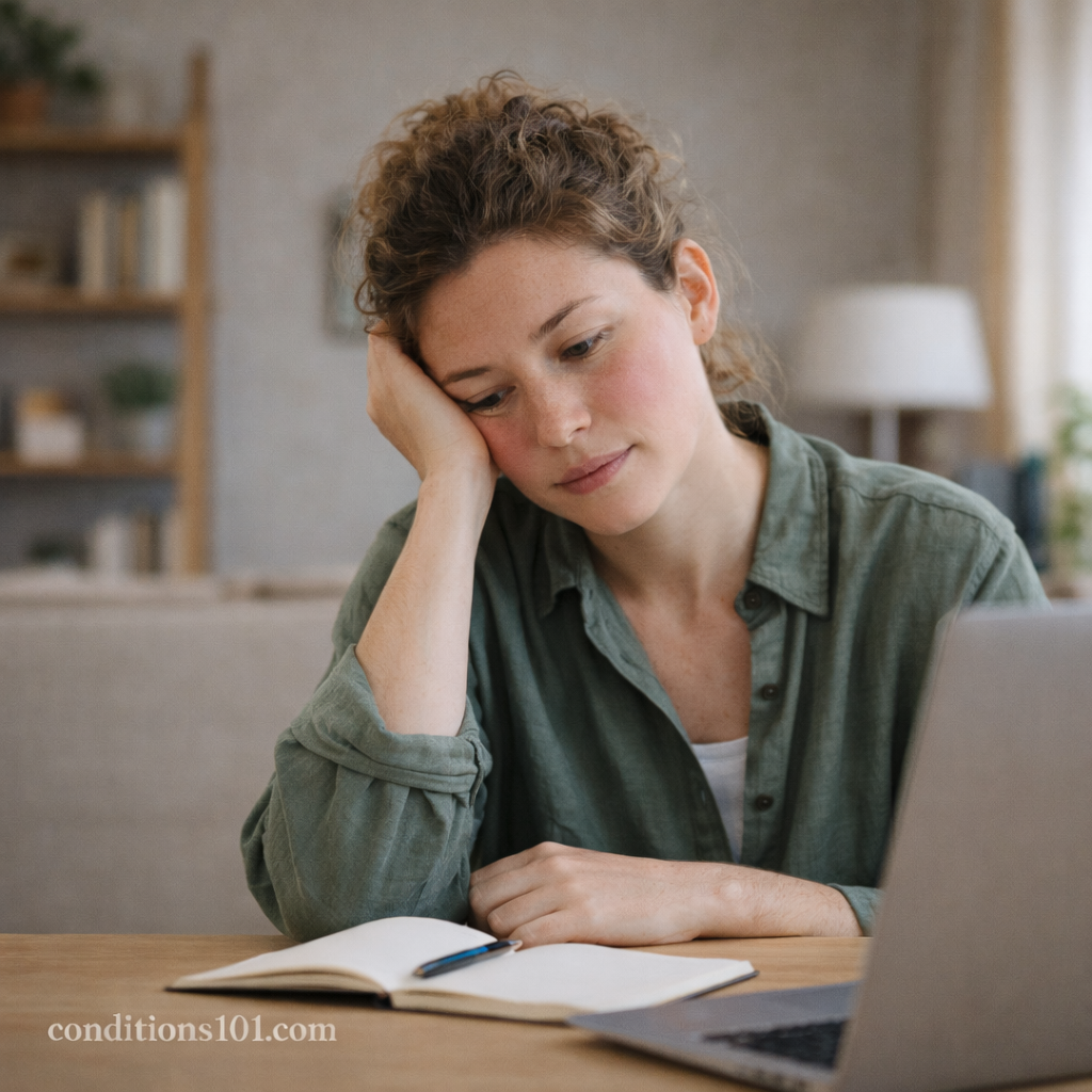 Adult person experiencing mild facial redness while pausing during a calm daily activity in a home setting.