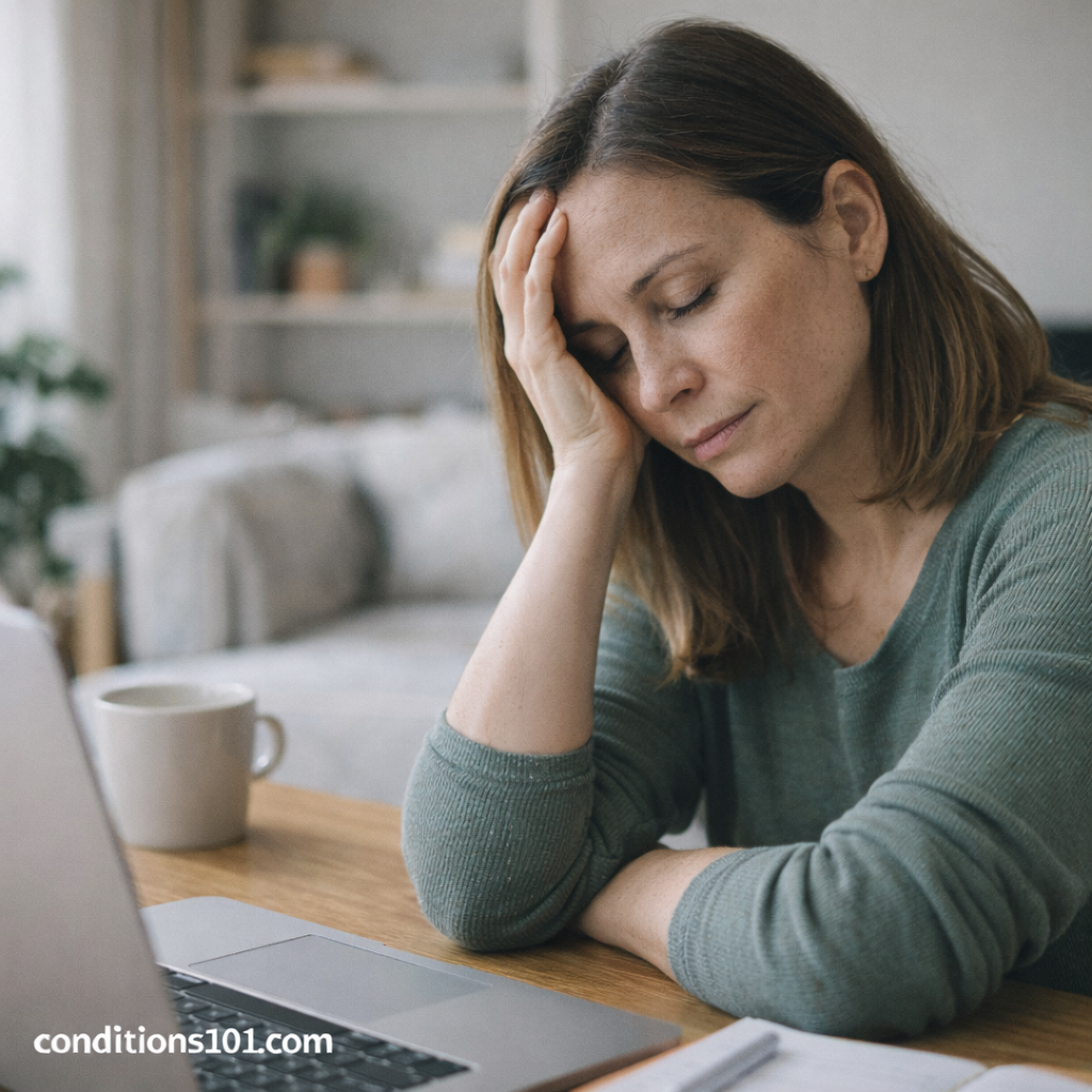 Adult woman resting her head on her hand while sitting at a desk with a laptop, showing mild tiredness in a calm home setting.