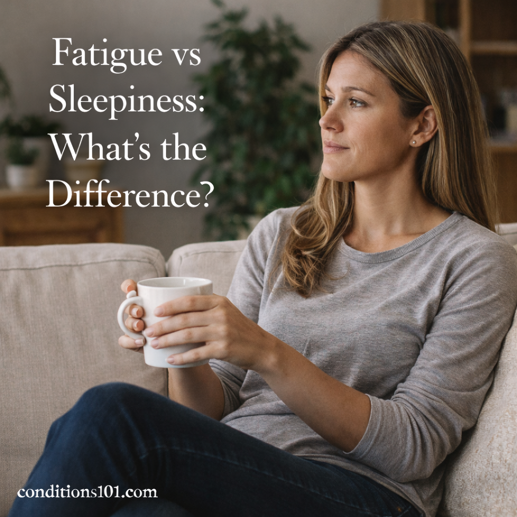 Adult woman sitting on a couch holding a mug in a calm home setting, appearing thoughtfully reflective.