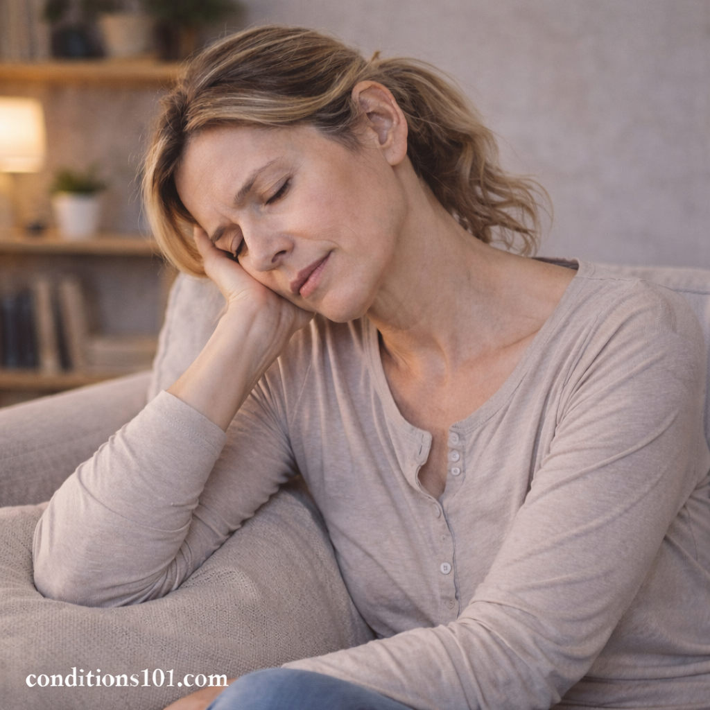 Middle-aged woman sitting on a couch at home with eyes closed and head resting on her hand, appearing mildly fatigued.