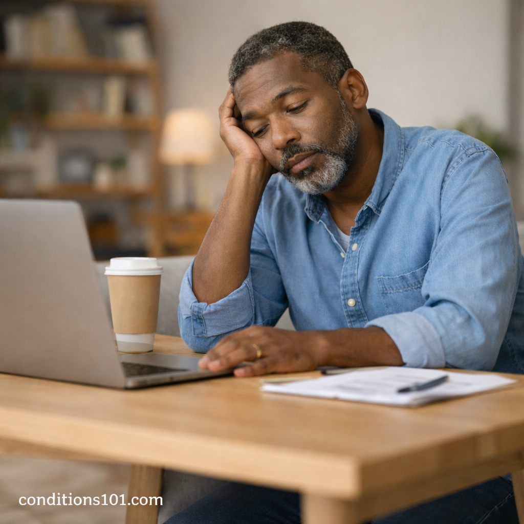 Adult man resting his head while working at a laptop in a home office, representing a temporary increase in symptoms during a flare-up.