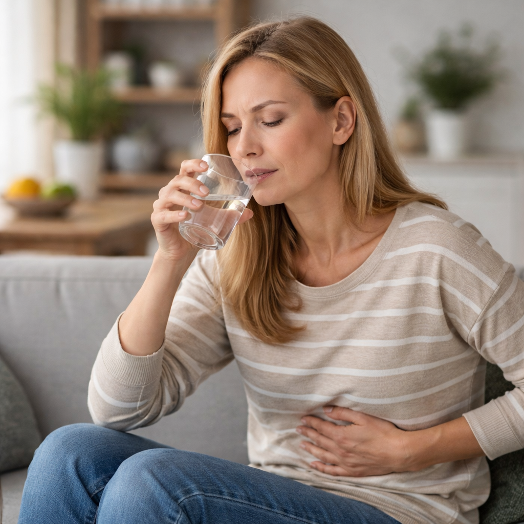 Adult woman sitting on a couch holding a glass of water in a calm home setting, representing everyday digestive awareness related to food sensitivity.