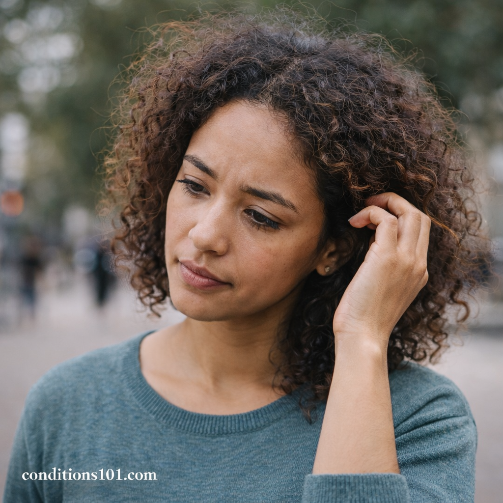 A woman with curly, slightly frizzy hair gently adjusting a strand while standing outdoors in a calm, everyday setting.