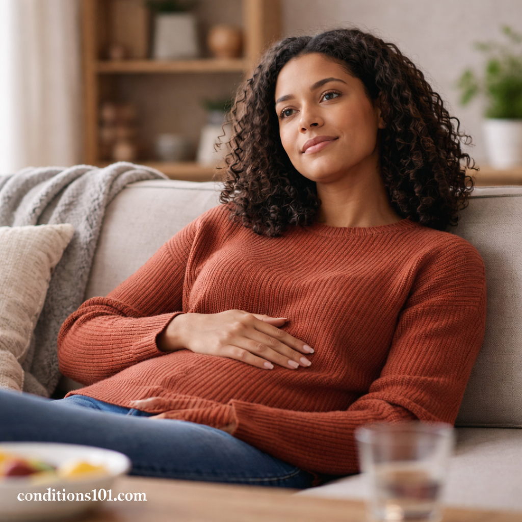 Adult woman resting on a couch with her hand on her stomach in a calm home setting, illustrating fullness after eating.