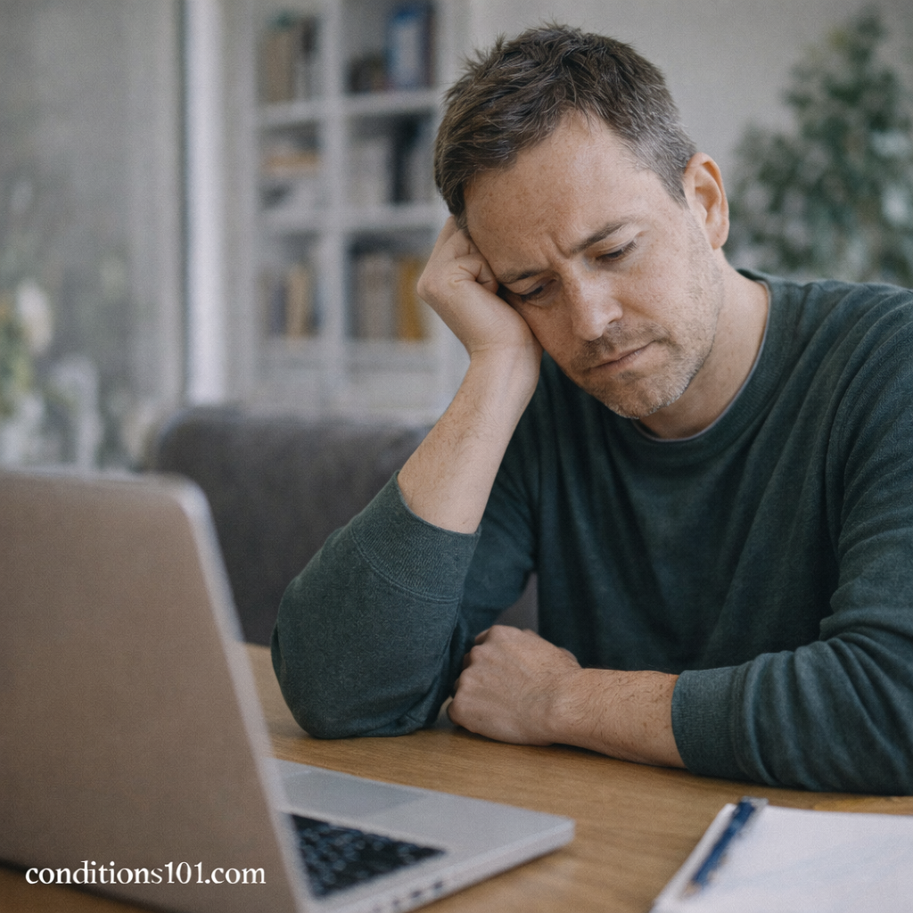 Adult person sitting at a home desk in a calm environment, appearing thoughtfully focused, representing everyday experiences related to digestive discomfort.