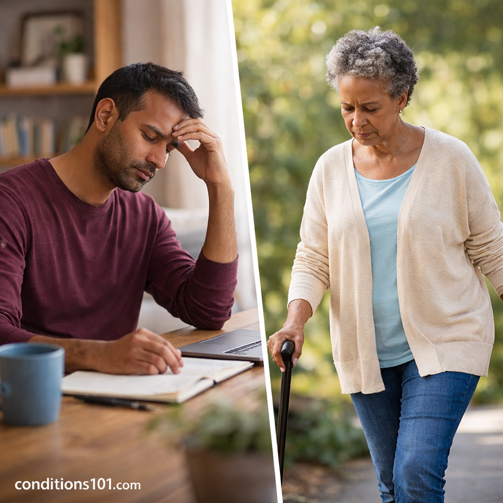Adult individuals pausing during everyday activities at home and outdoors, showing thoughtful focus and mild fatigue in a natural setting.