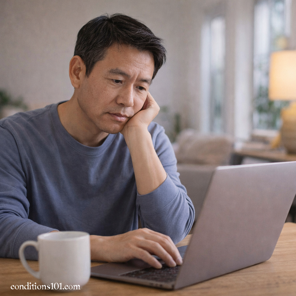 An adult man sitting at a table working on a laptop with a thoughtful expression in a calm home setting, representing everyday awareness of digestive conditions like gastroparesis.