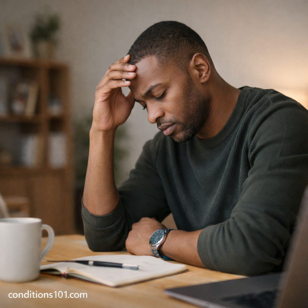 Adult man sitting at a home desk in a thoughtful moment, representing everyday mental strain associated with generalized anxiety disorder.