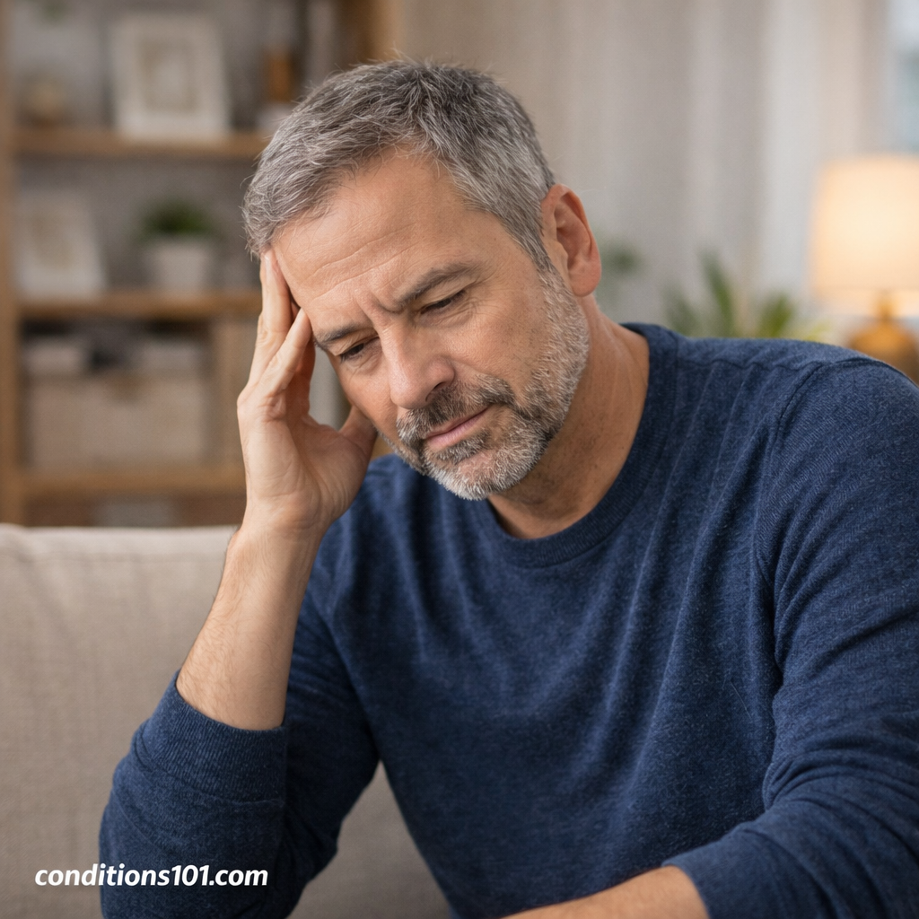 Adult man resting on a couch in a calm home setting, representing everyday moments of reflection related to understanding GERD.