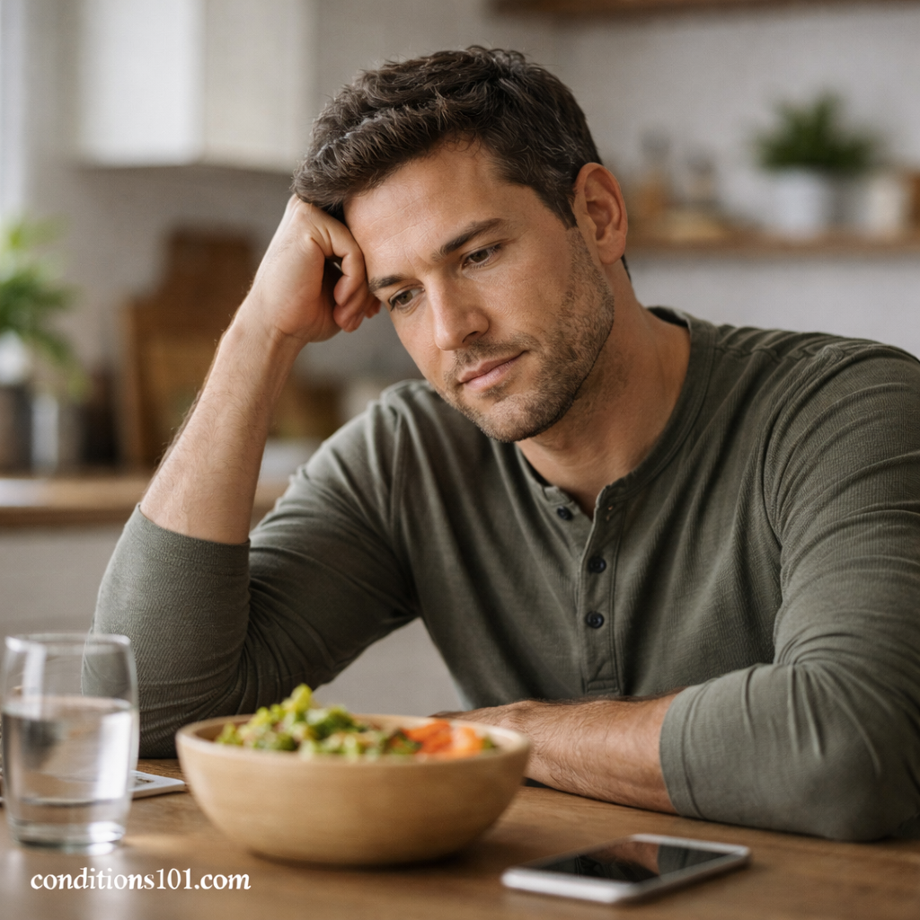Adult man sitting at a kitchen table, thoughtfully looking at food during an everyday meal.