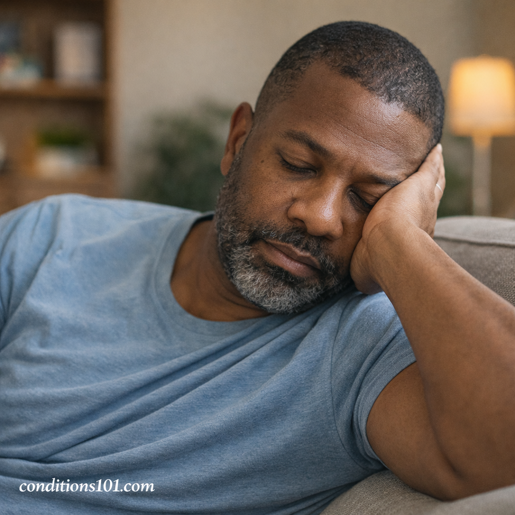 Middle-aged man resting on a couch in a calm home environment, reflecting during a quiet moment related to digestive health awareness.